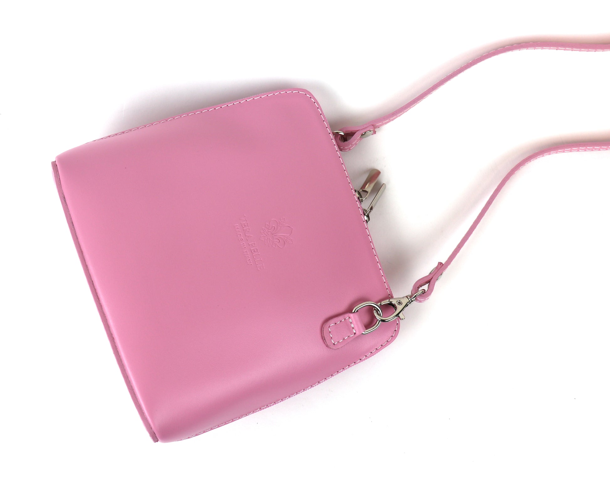 Baby Pink Small Handmade Leather Crossbody Bag, angle view with a delicate soft pink tone.
