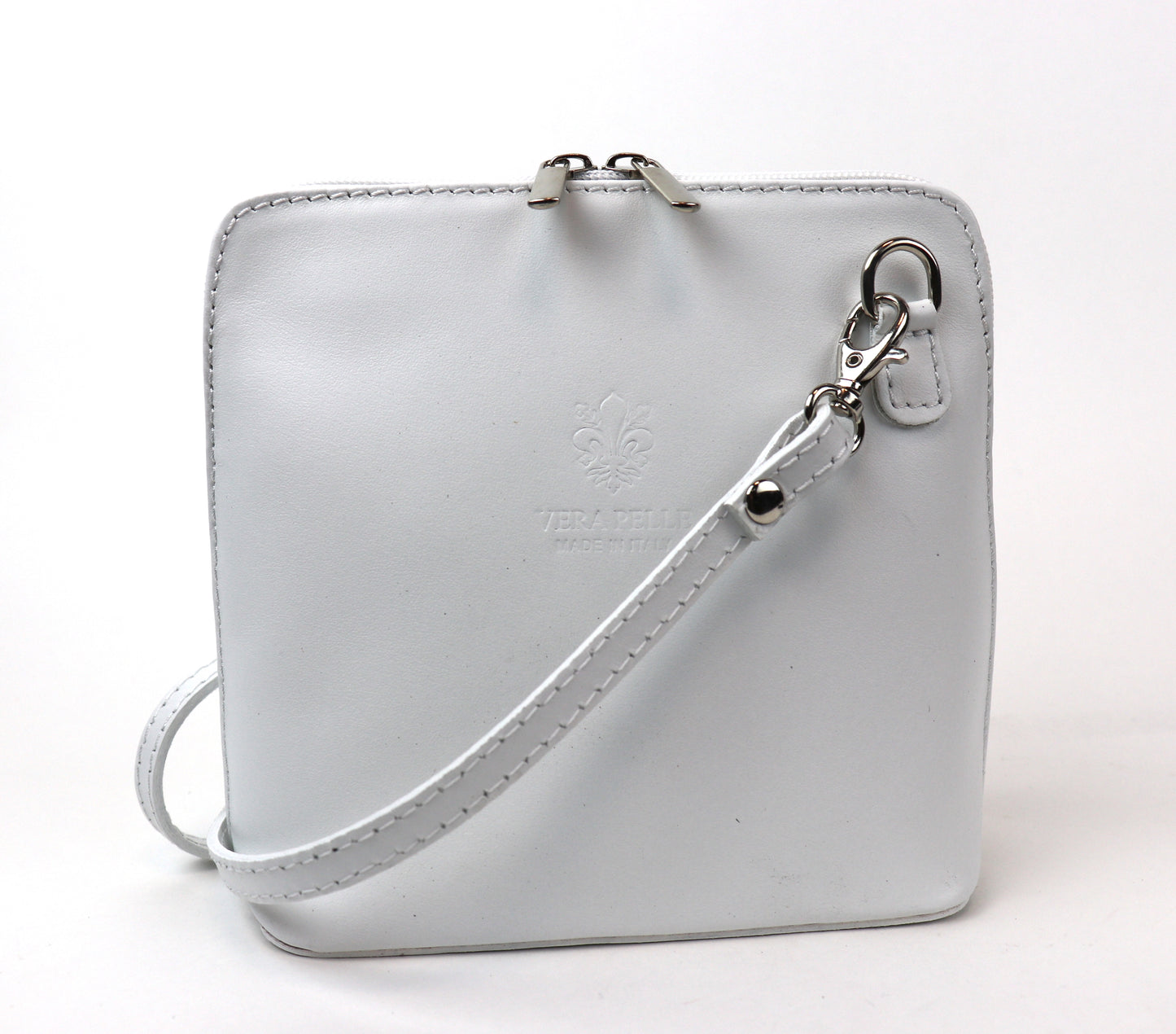 White Small Handmade Leather Crossbody Bag, front view showcasing the clean, minimalist design.
