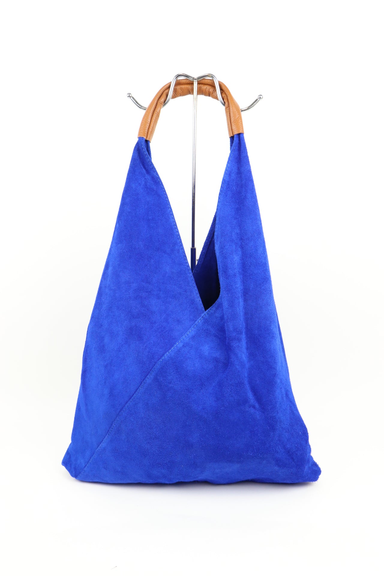 Front view of the Royal Blue Samantha Large Tote Laptop Bag displayed on a stand with brown leather handles.