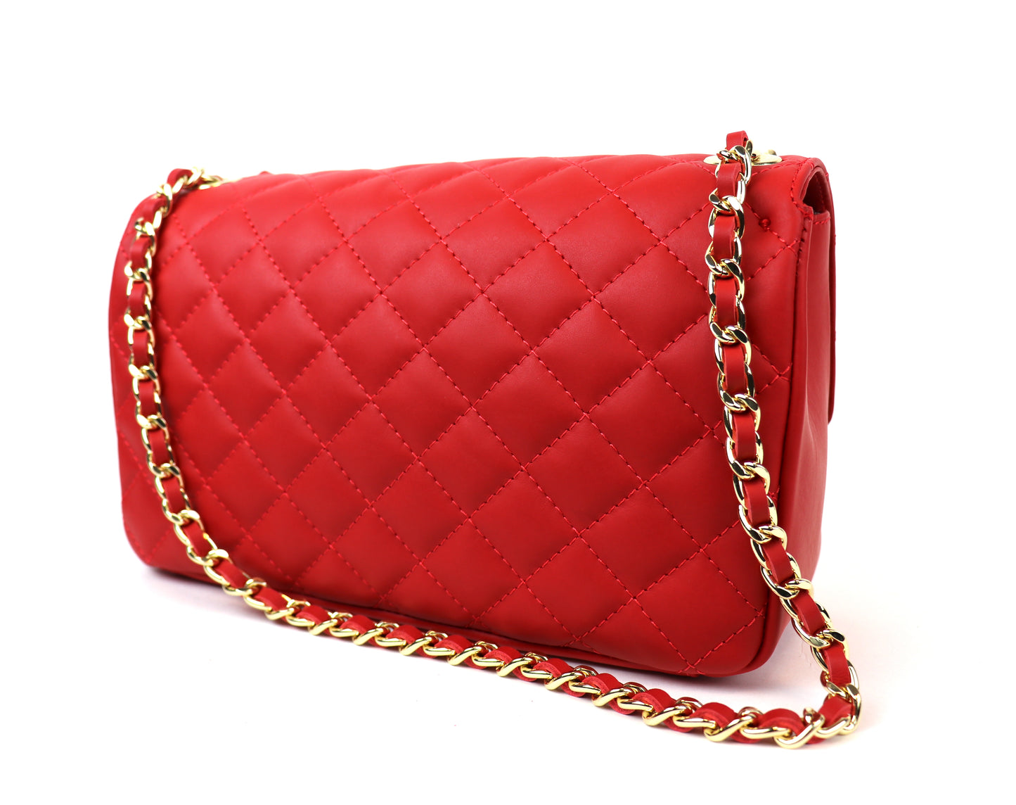 The red quilted bag displayed at an angle, showcasing its structured design.