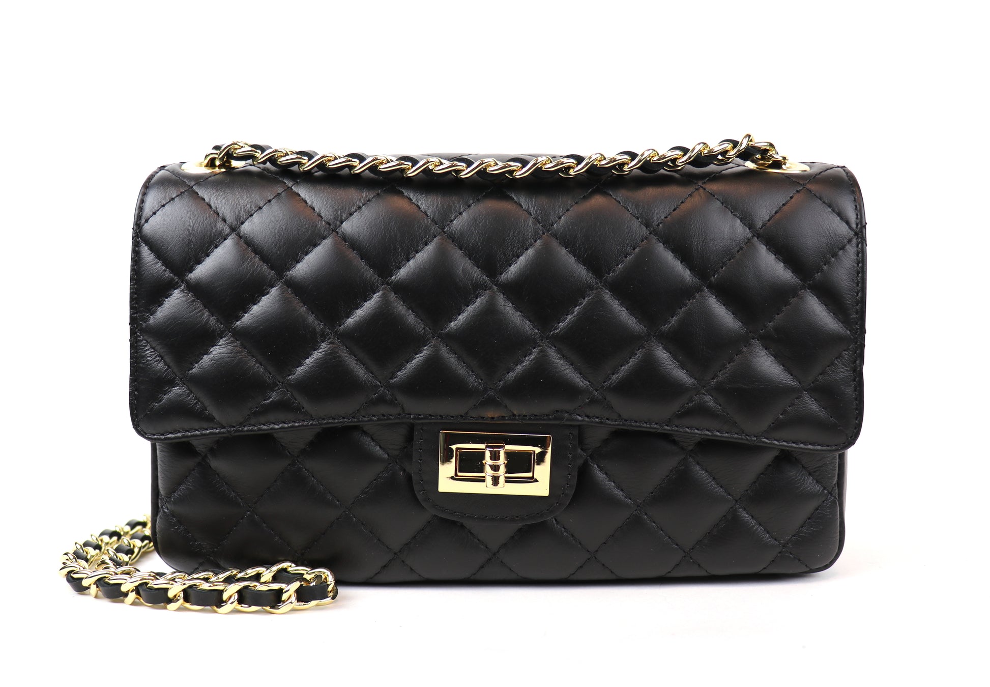 Black Quilted Bag: A classic black quilted leather bag with a gold chain strap and lock closure.