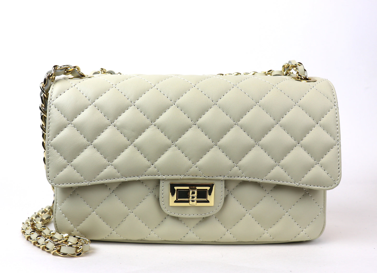 A front view of a cream-colored quilted leather bag with a gold twist-lock closure and chain strap, displayed against a plain background.






