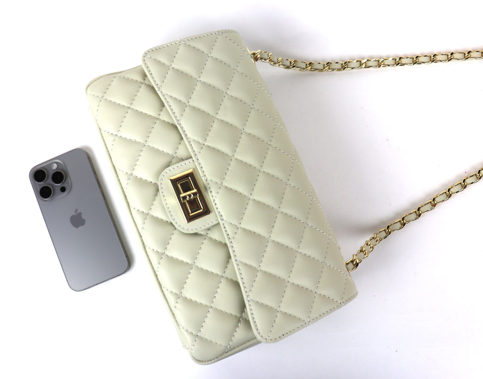 Cream Quilted Bag with iPhone for Size Reference