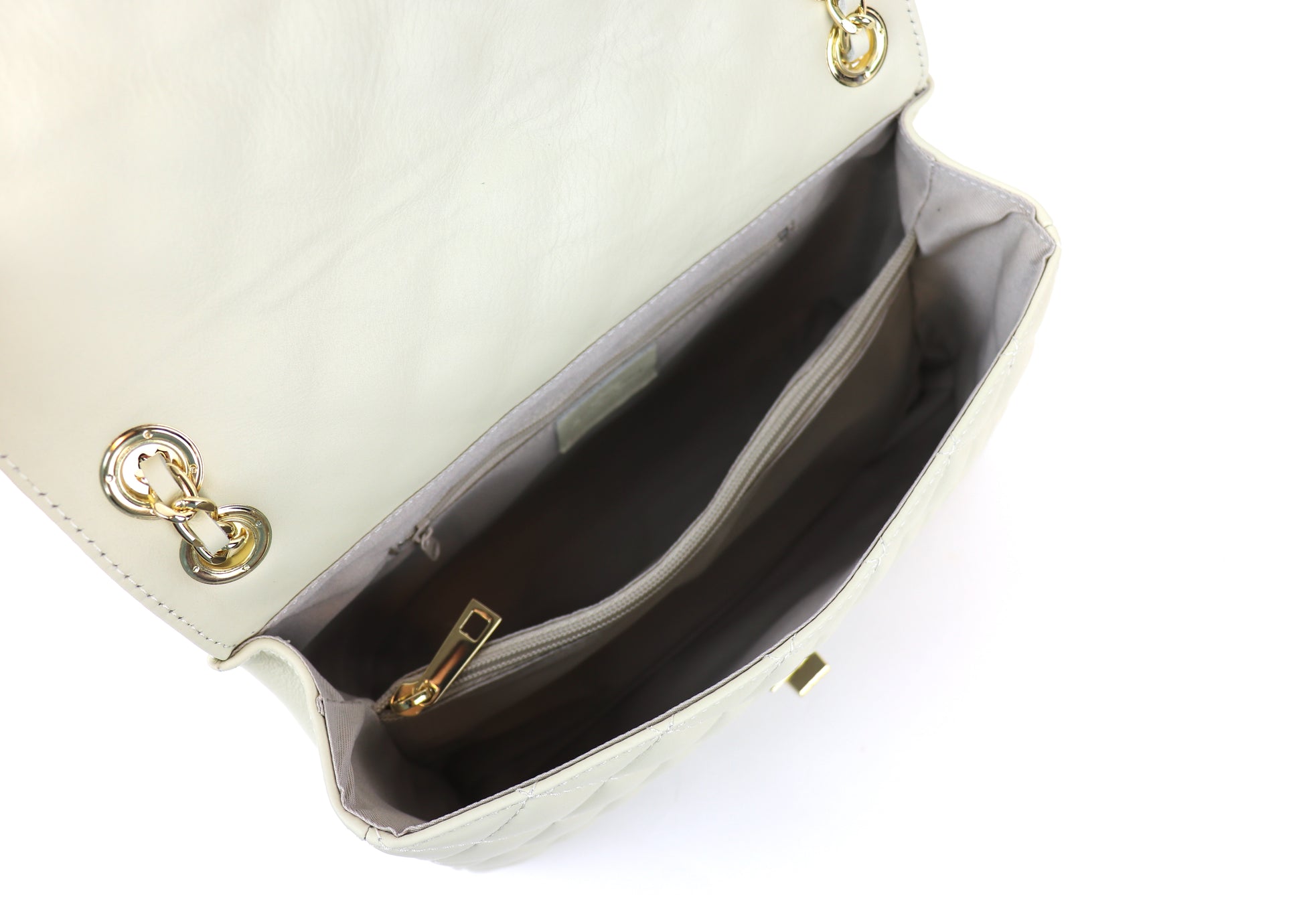 Cream Quilted Bag Open, Showing Interior