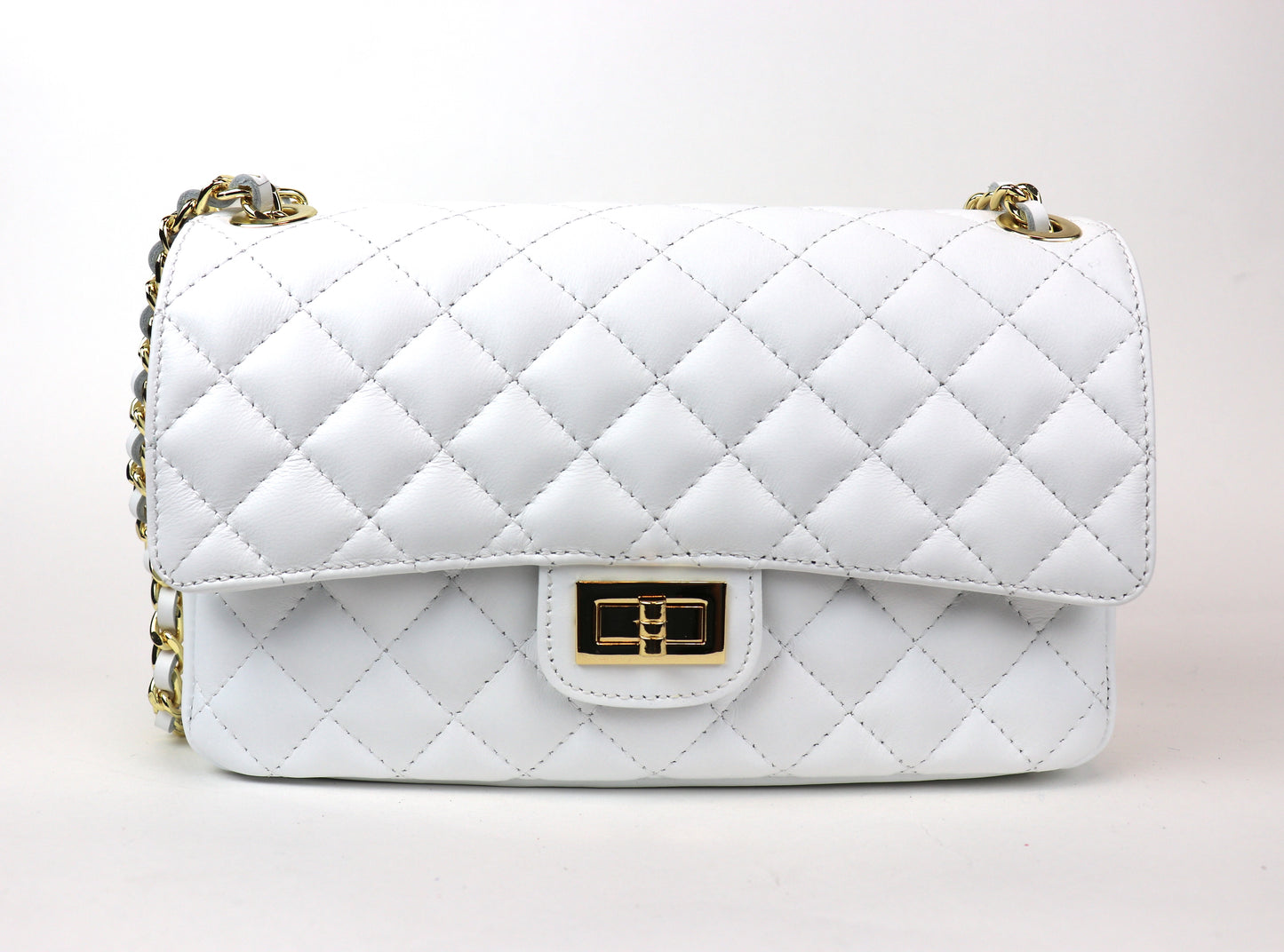 White Quilted Bag with Gold Chain