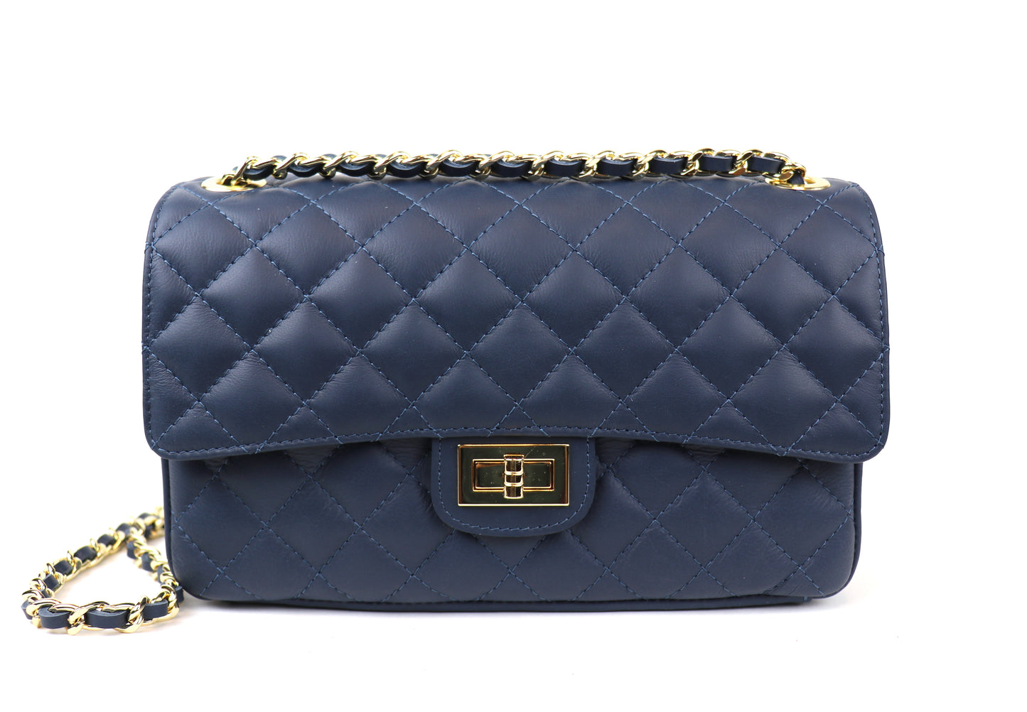 A front view of a navy blue quilted leather bag with a gold twist-lock closure and a black-and-gold chain strap, displayed against a plain background.






