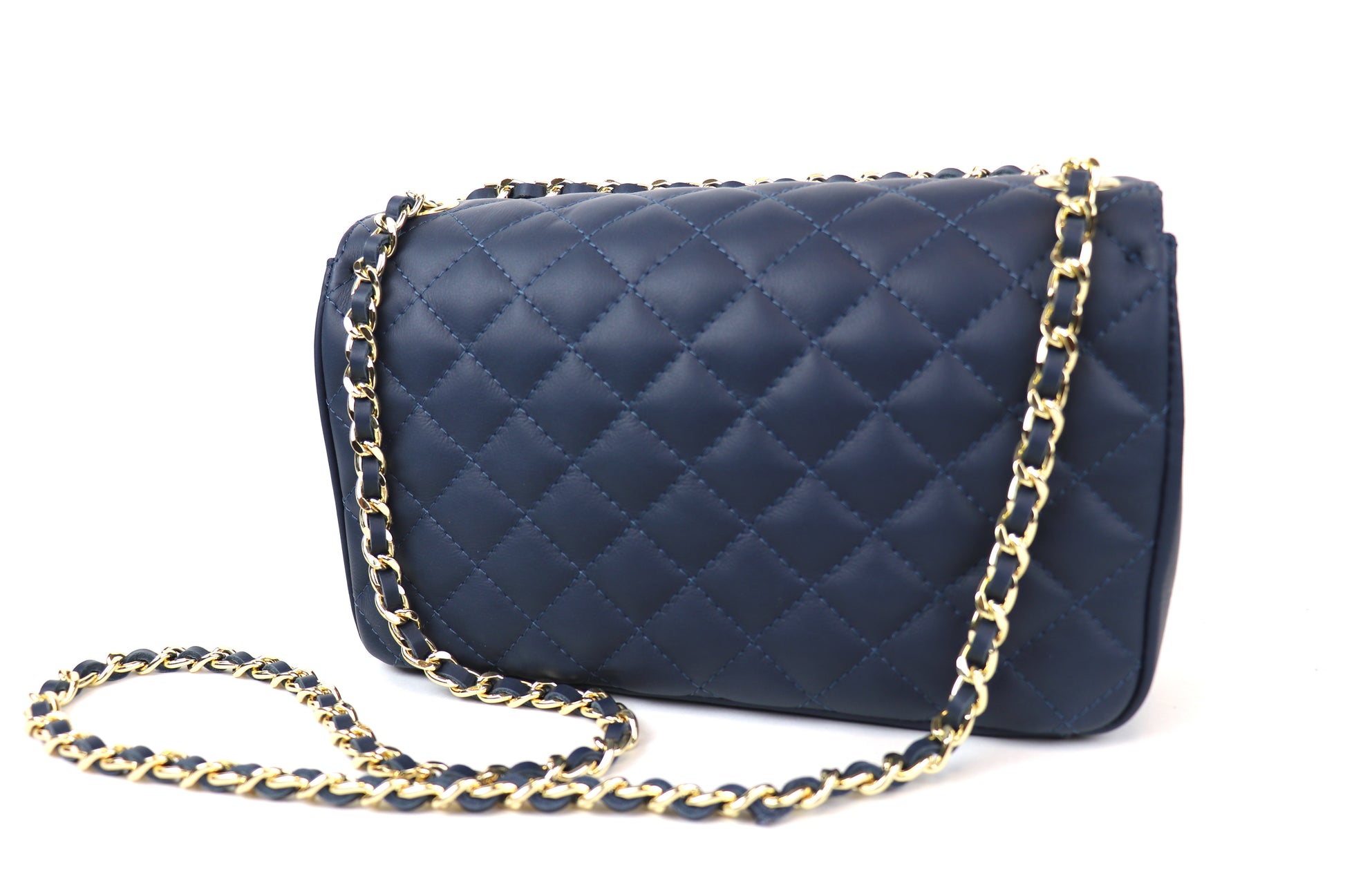 Back view of a navy blue quilted leather bag with a gold chain strap, displayed against a plain background.






