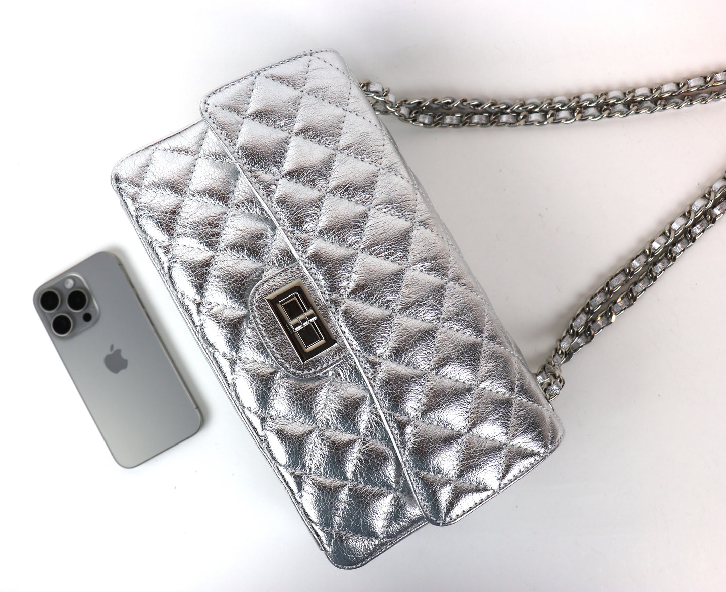 Silver Quilted Bag with iPhone for Size Reference