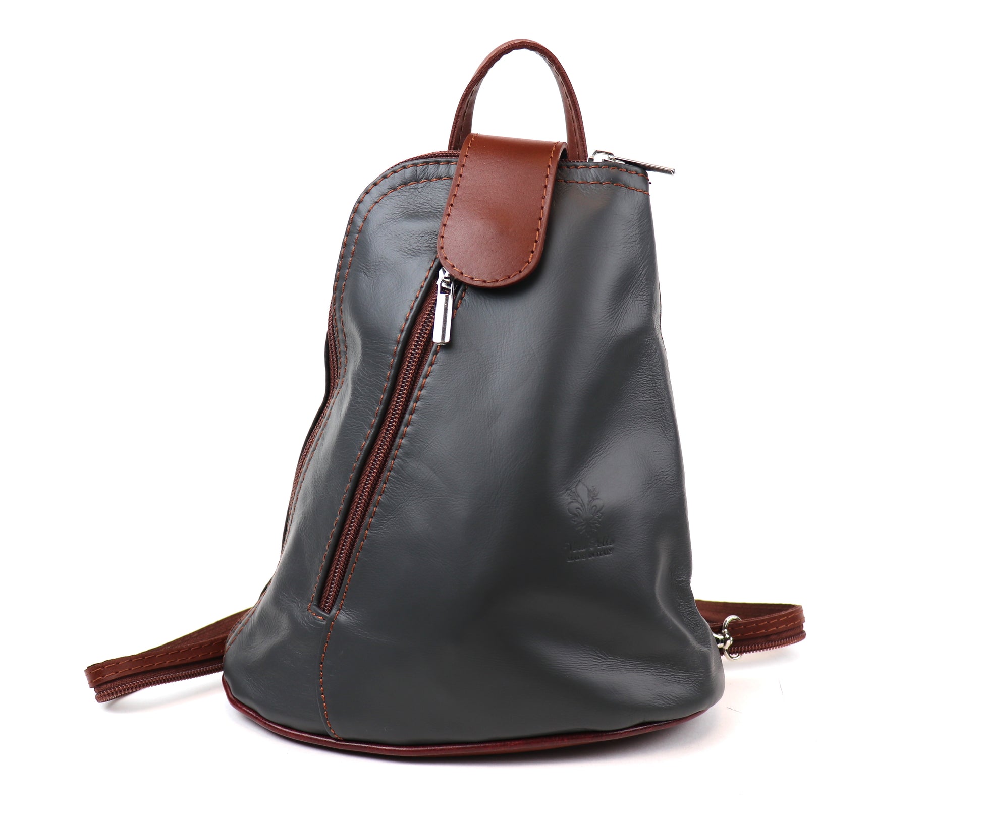 Small Vera Pelle Italian Soft Leather Backpack Grey/Tan