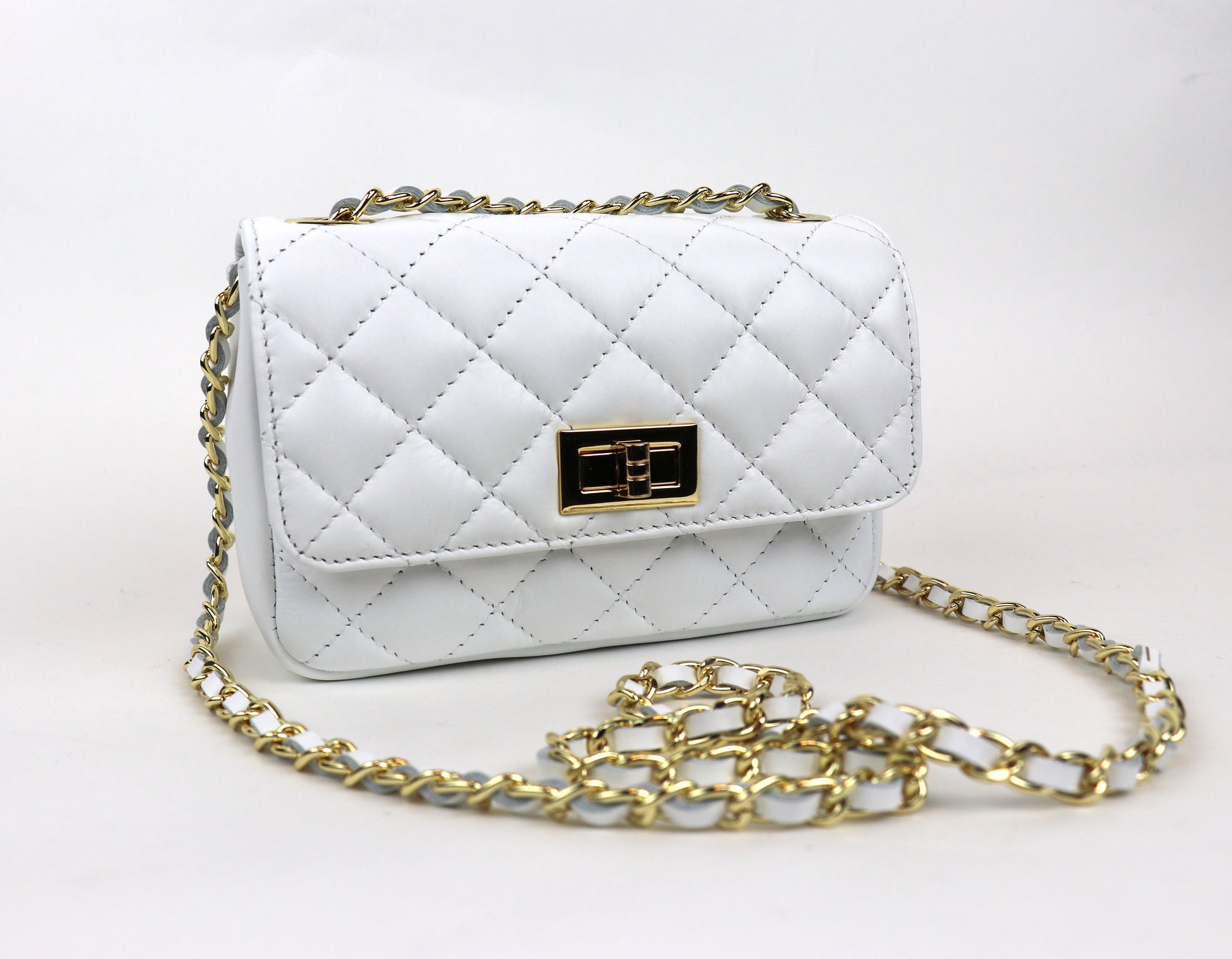 White Quilted Bag with Gold Chain