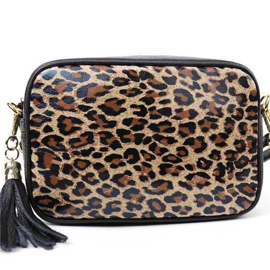 Leather Leopard print bag with detachable black strap and gold hardware, displayed front-facing.