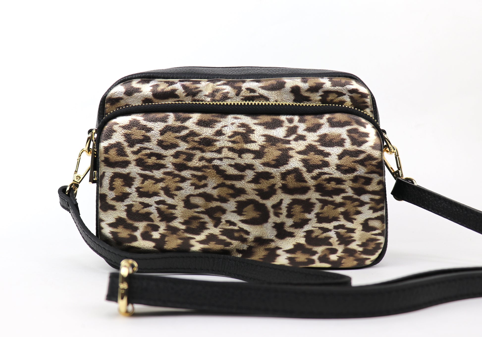 Gold Leopard print leather bag with detachable black strap and gold hardware, displayed front-facing.