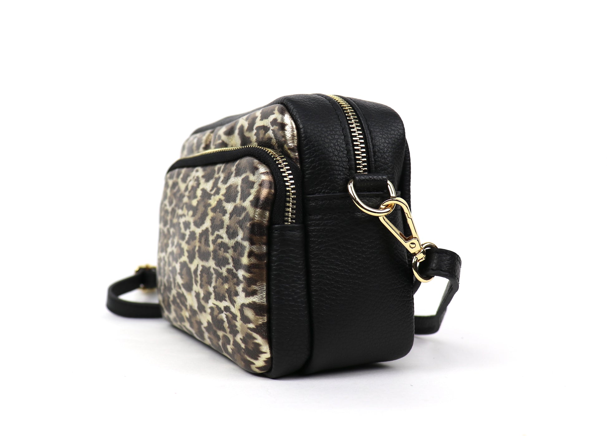 Side view of the Gold Leopard print leather bag, showing the black leather back with a zip pocket.