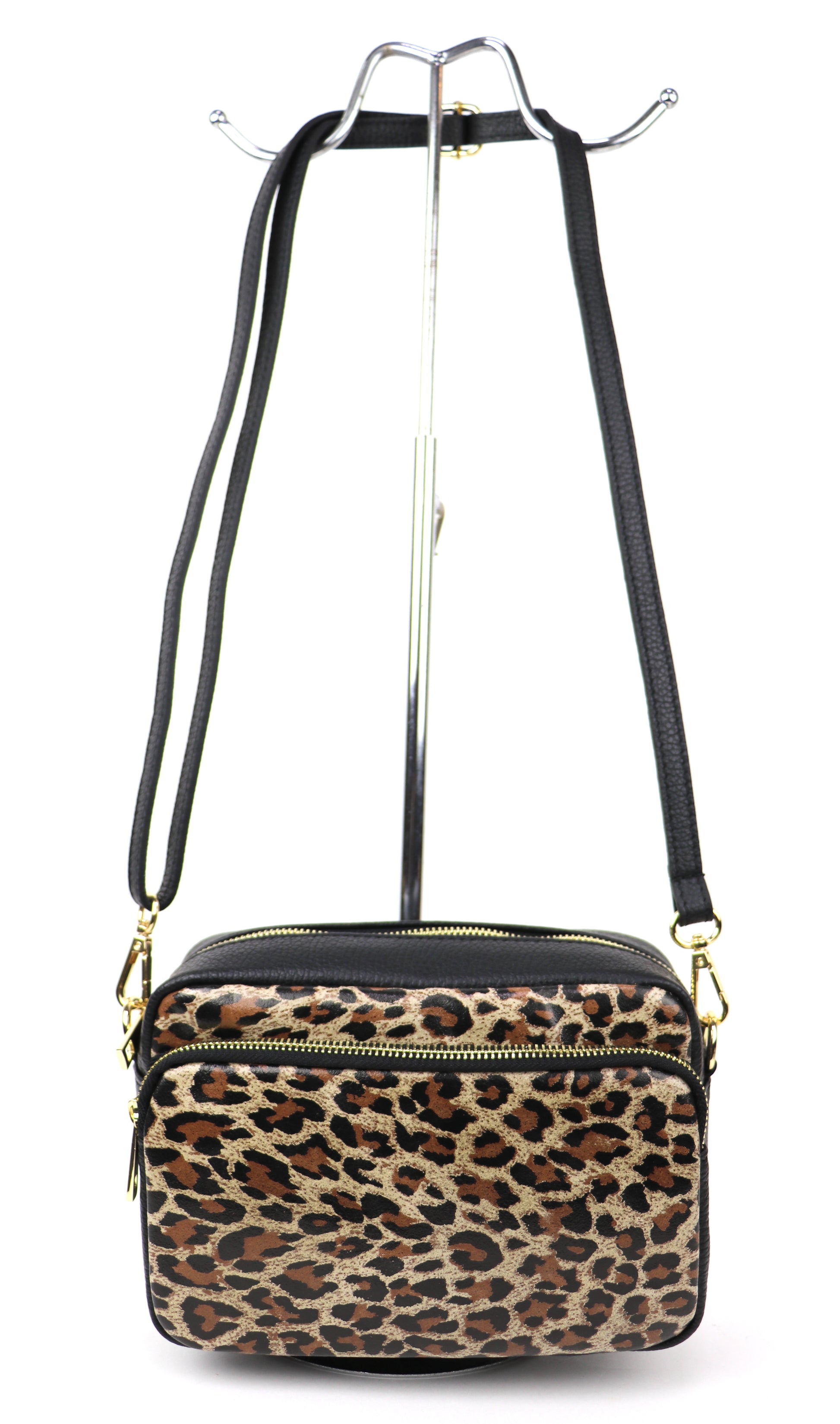 Leather Leopard print leather bag with a long strap, displayed hanging against a white background.