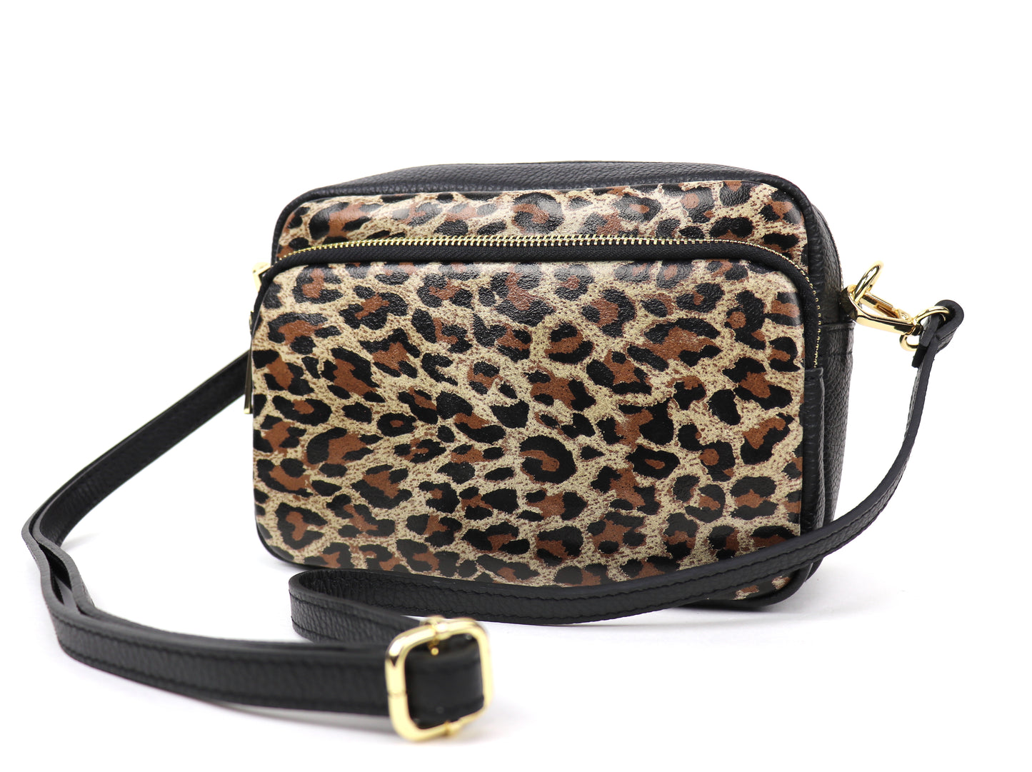 Front view of the Leather Leopard print leather bag, showing the black leather back with a zip pocket.