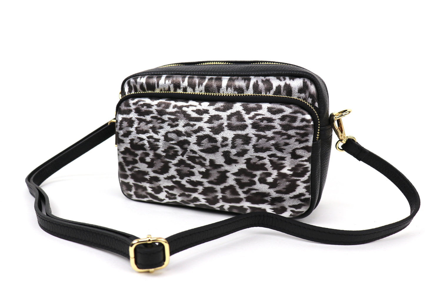 Front view of the Silver Leopard print leather bag, showing the black leather back with a zip pocket.