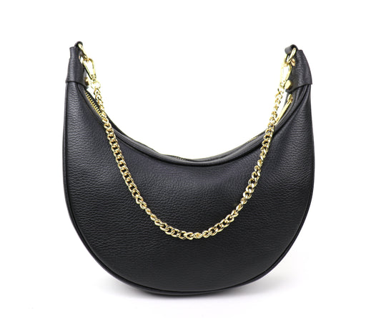 A black leather crossbody bag with a gold chain detail shown from the front angle.