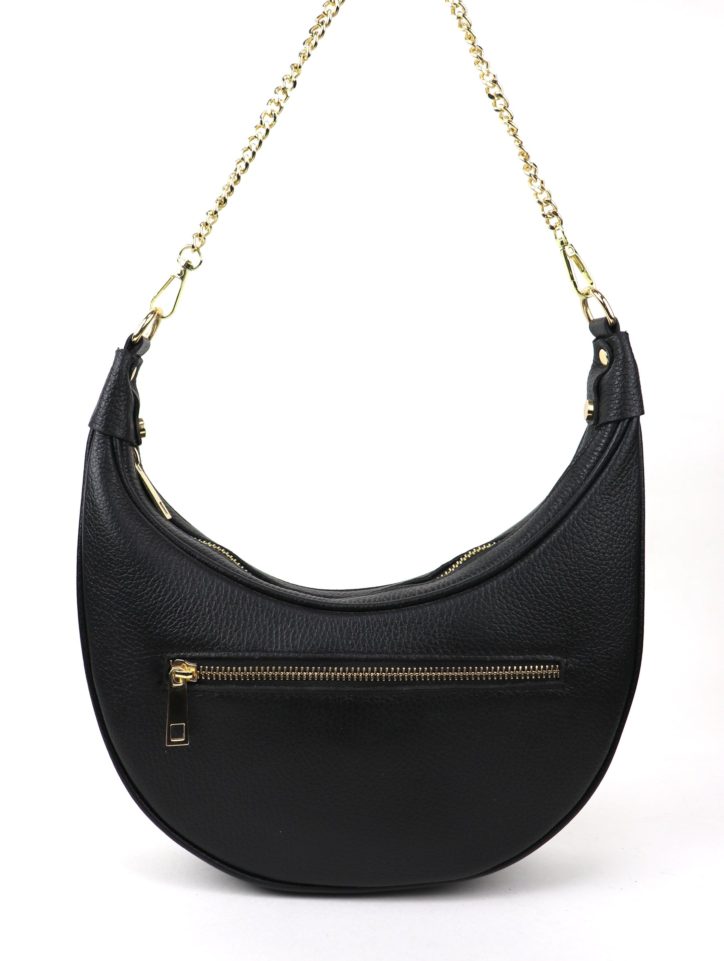 A black leather crossbody bag with a gold chain detail shown from the back angle.