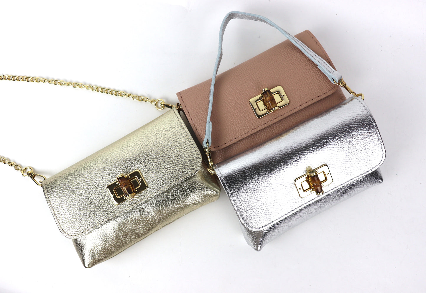 Gold, Dusty Pink, and silver metallic leather bags grouped together.