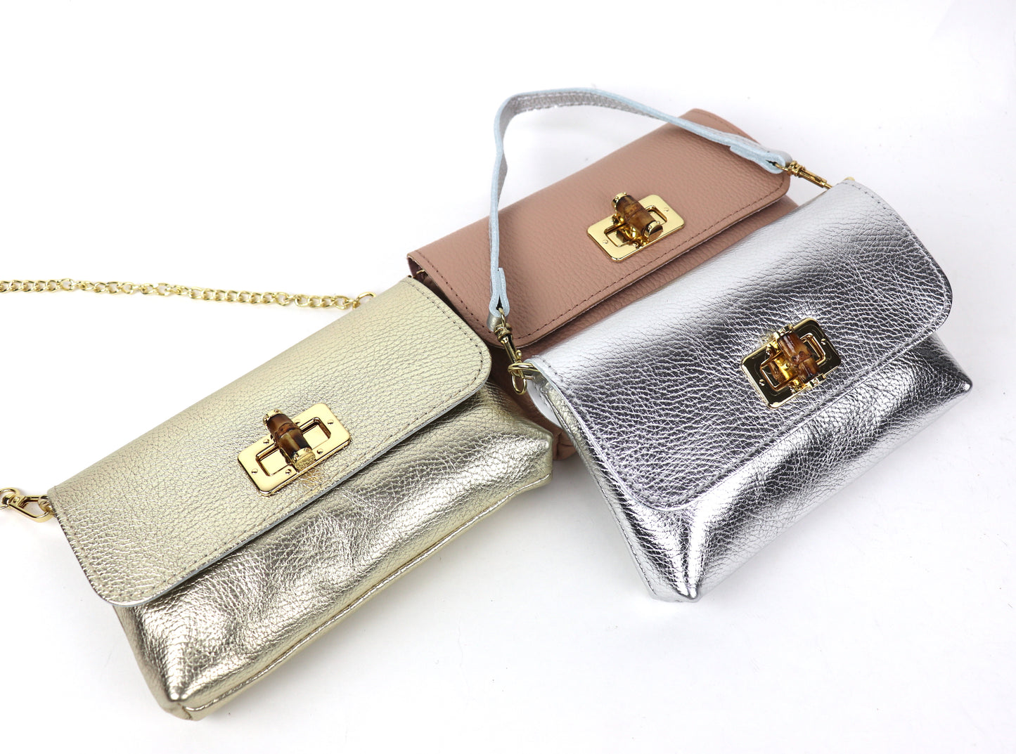 Gold, Dusty Pink, and silver metallic leather bags grouped together.