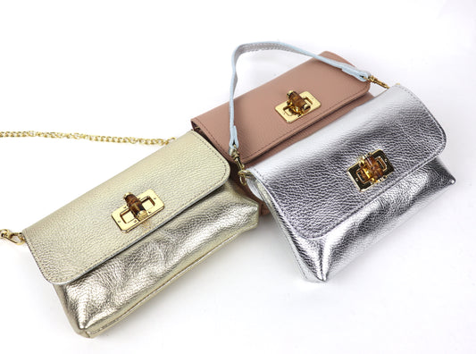 Gold, Dusty Pink, and silver metallic leather bags grouped together.