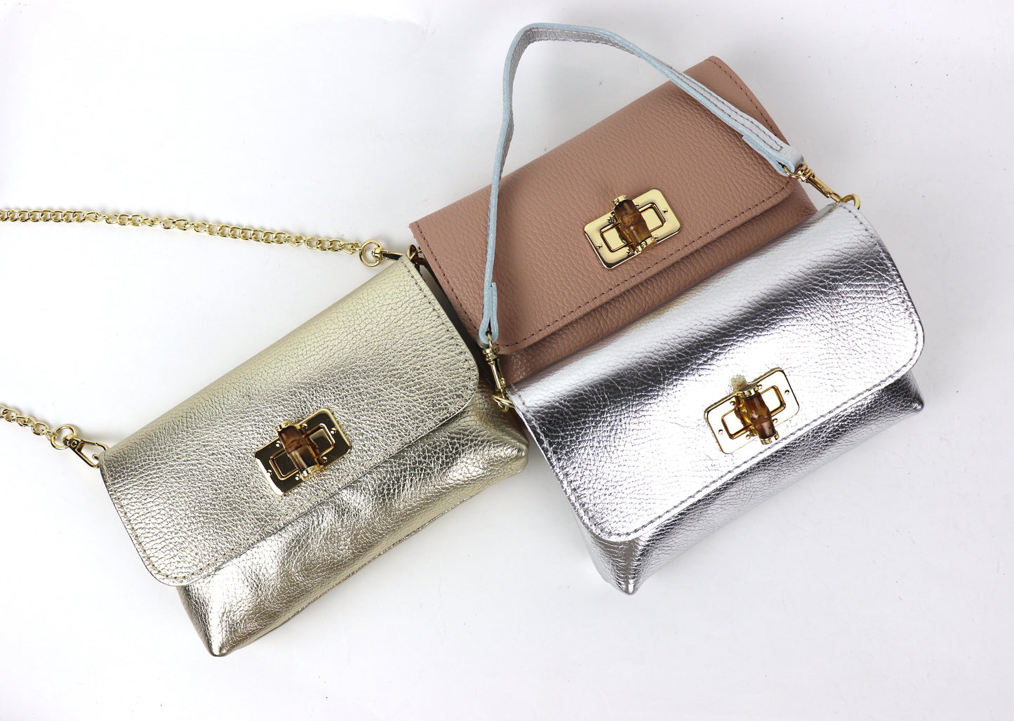 Gold, Dusty Pink, and silver metallic leather bags grouped together.