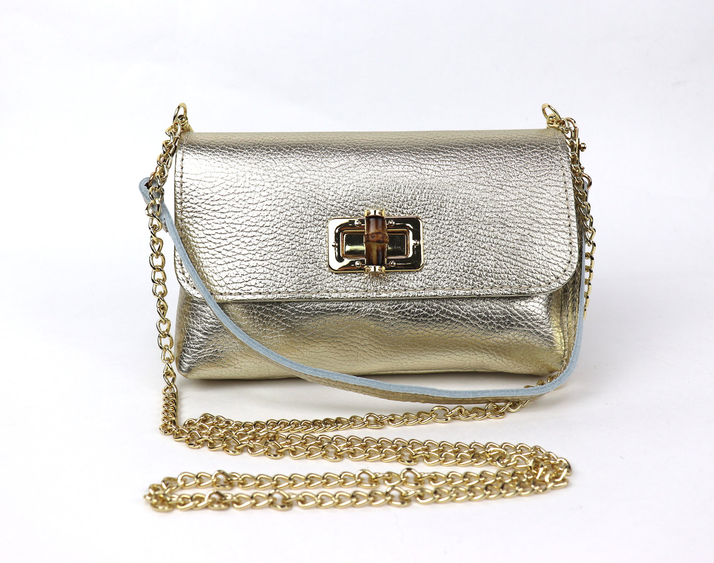 Gold metallic leather bag with a gold clasp and chain, showing the front panel.
