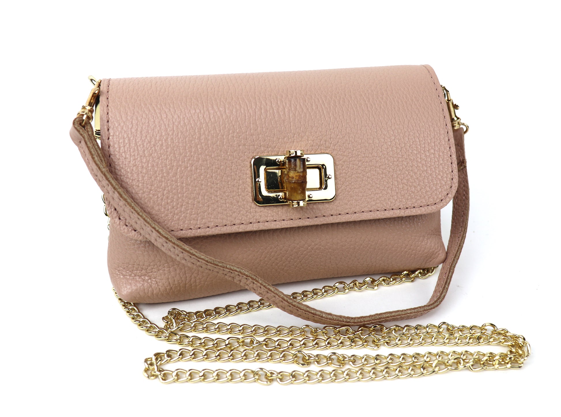 Dusty pink leather bag with a gold clasp and chain, showing the front panel.