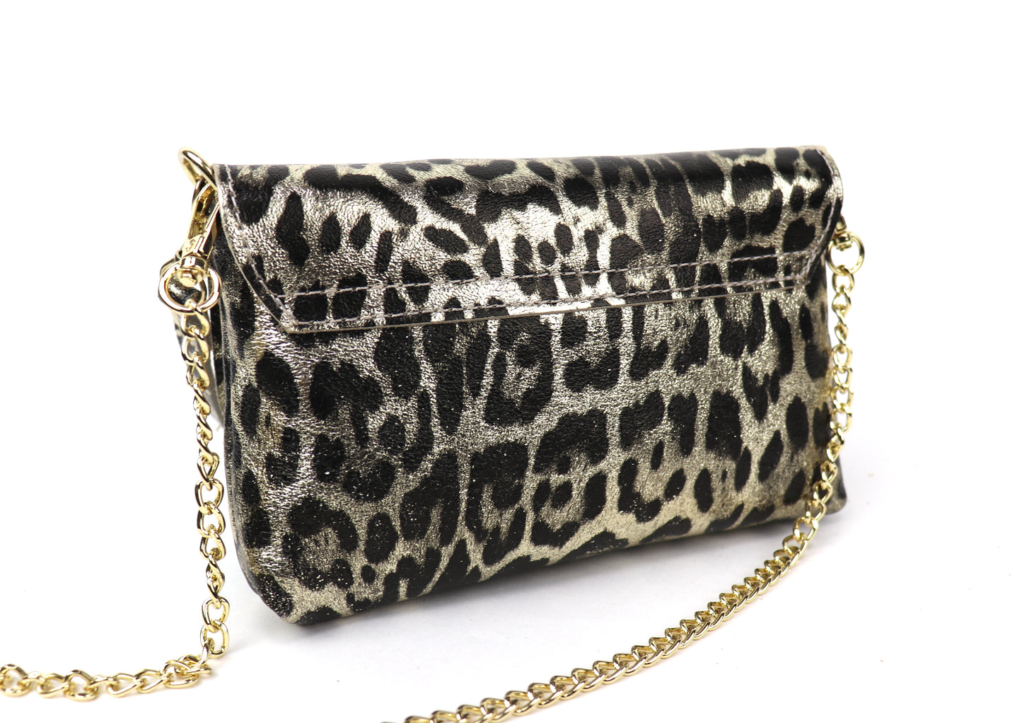 Back view of a gold leopard print bag, showing the pattern on the reverse side.