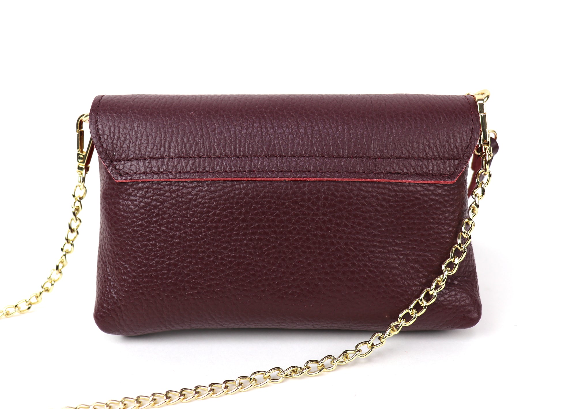 Back View: Burgundy leather bag showing the back panel, paired with a gold chain.