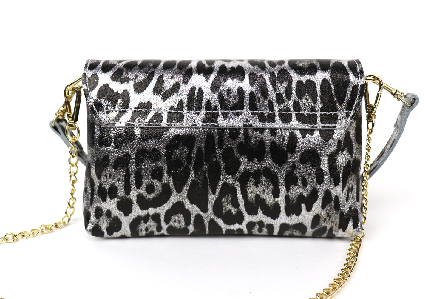 Back view of a silver leopard print leather bag, showing the pattern on the reverse side.
