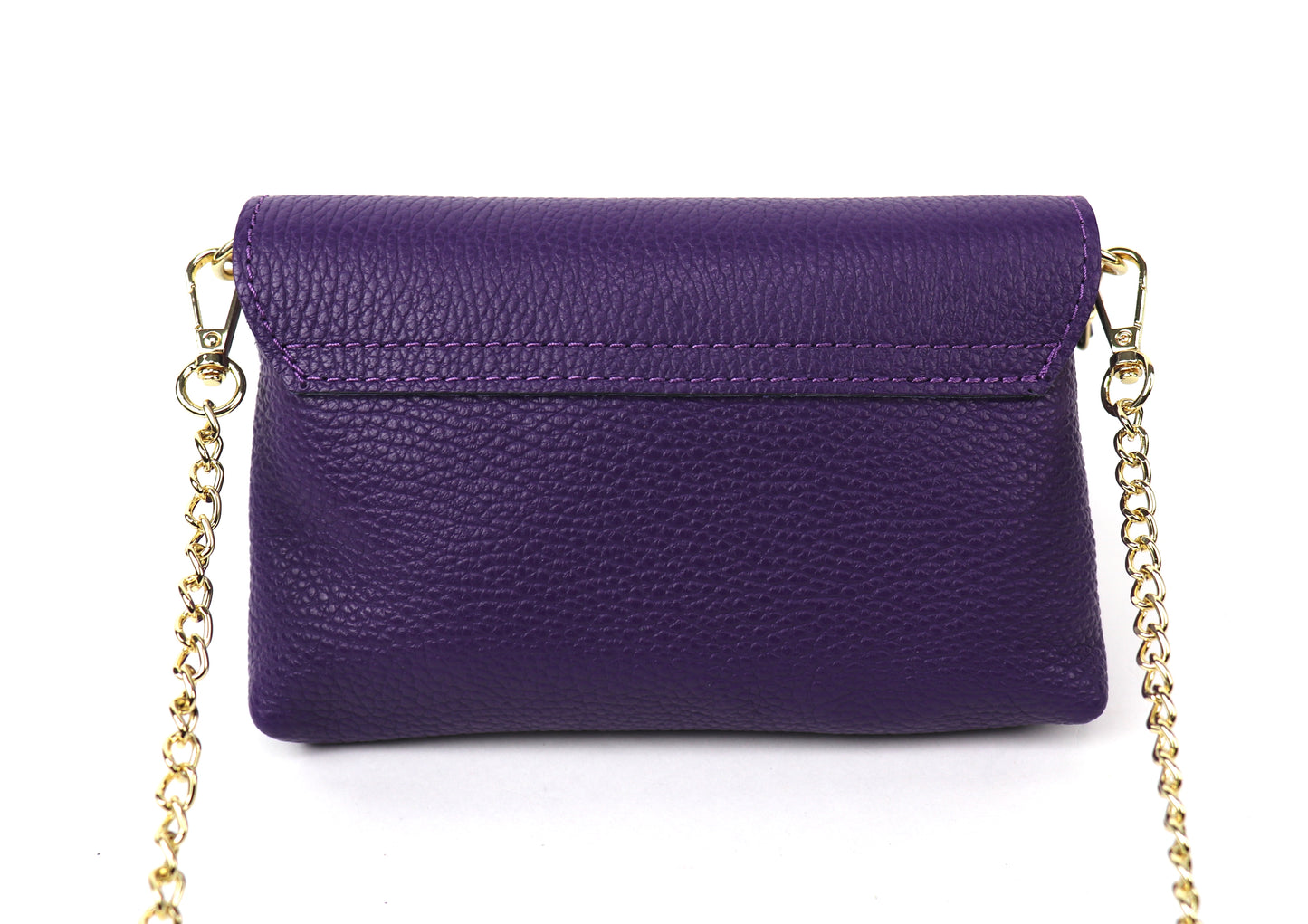 Back view of a purple leather bag, showing the smooth leather surface.