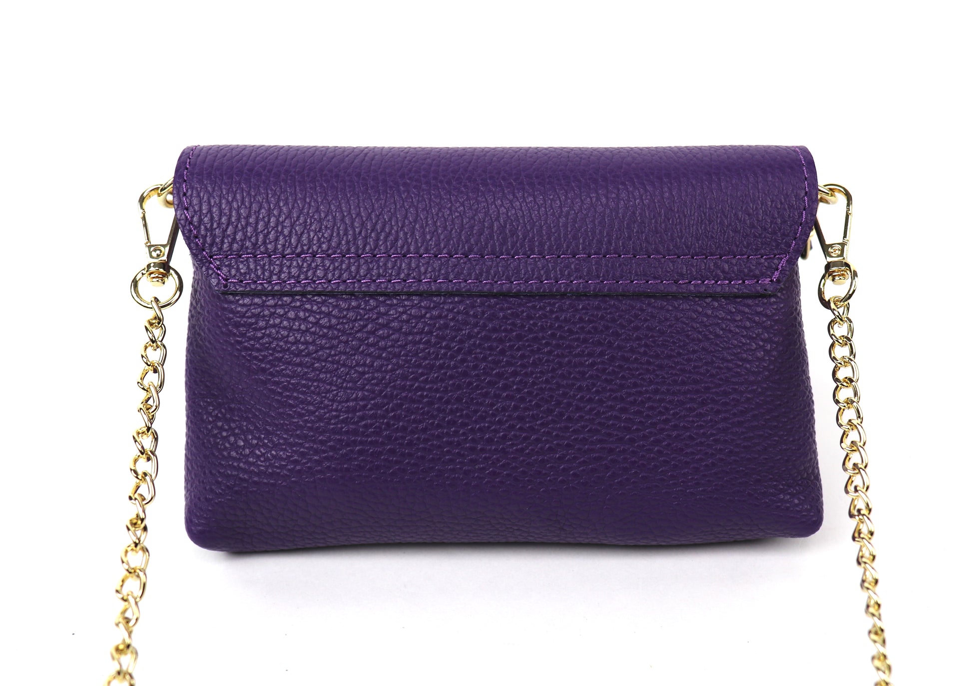 Back view of a purple leather bag, showing the smooth leather surface.