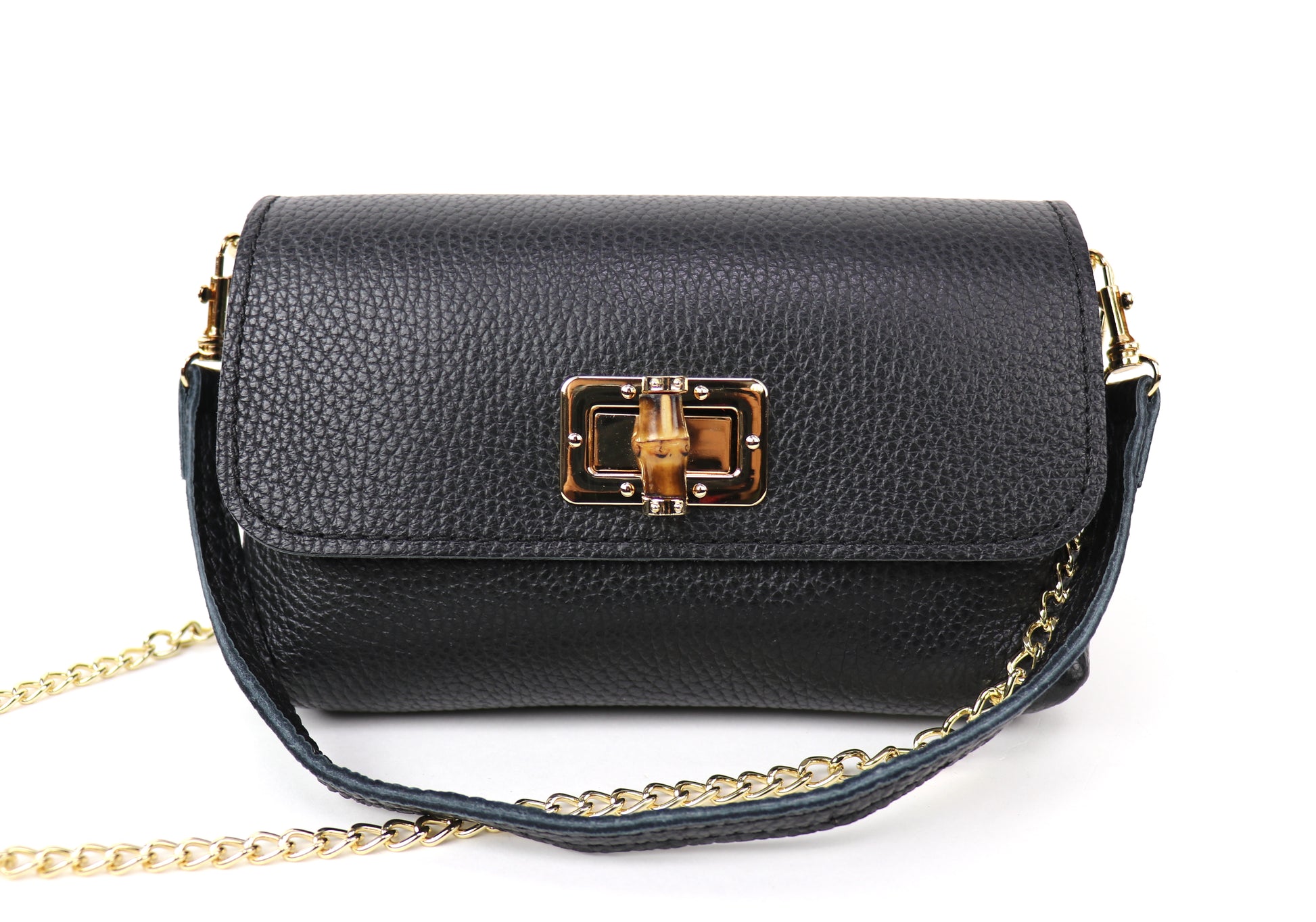 Front View: Black leather bag with a gold chain and clasp, showing the front panel and closure.
