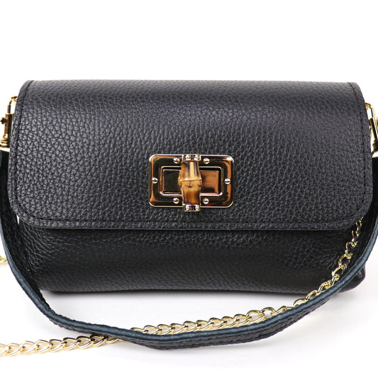 Front View: Black leather bag with a gold chain and clasp, showing the front panel and closure.
