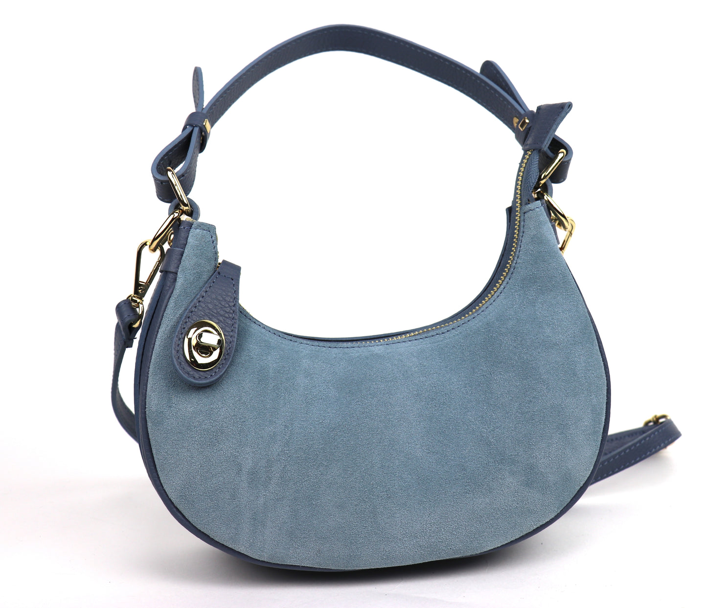 Denim Blue half moon bag front view.
