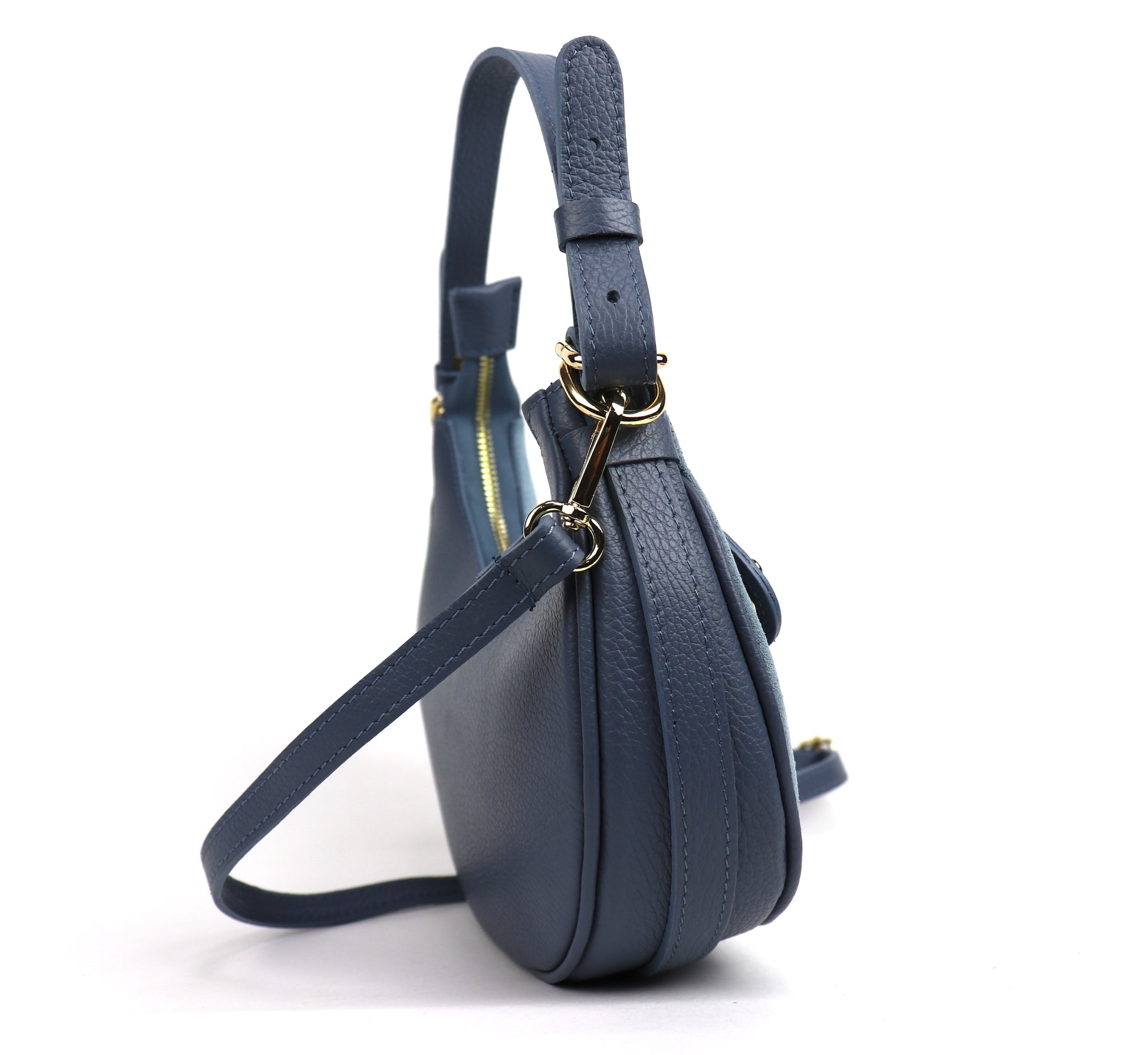 Denim Blue half moon bag side view.
