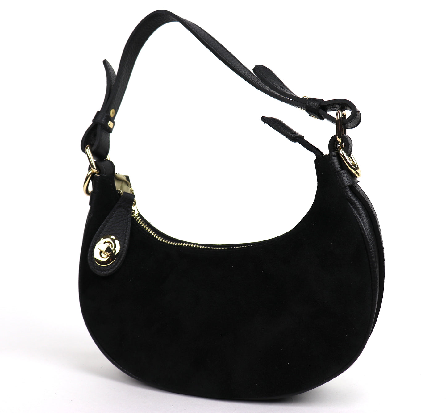 Black half moon bag front view.
