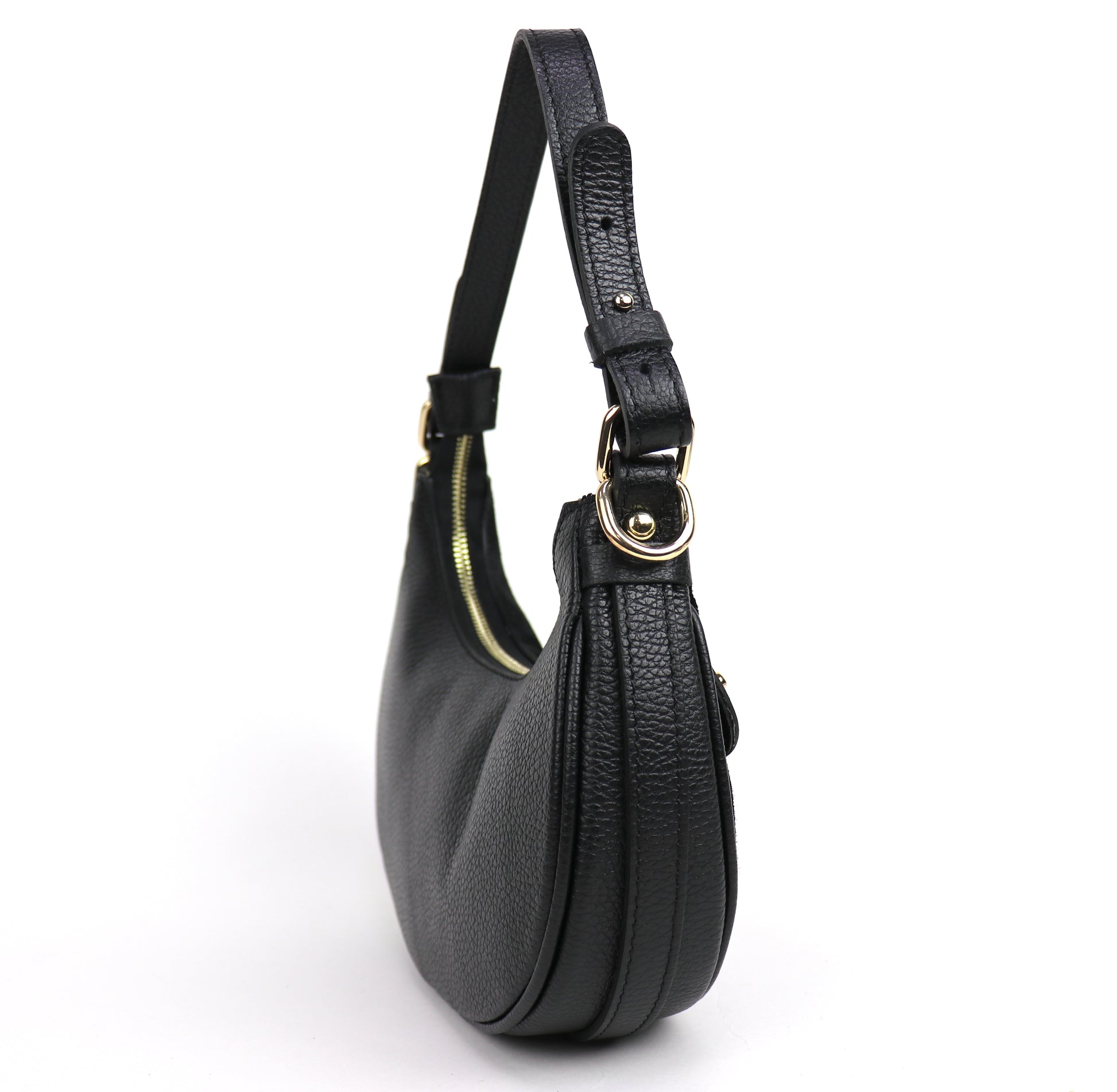 Black half moon bag side view.
