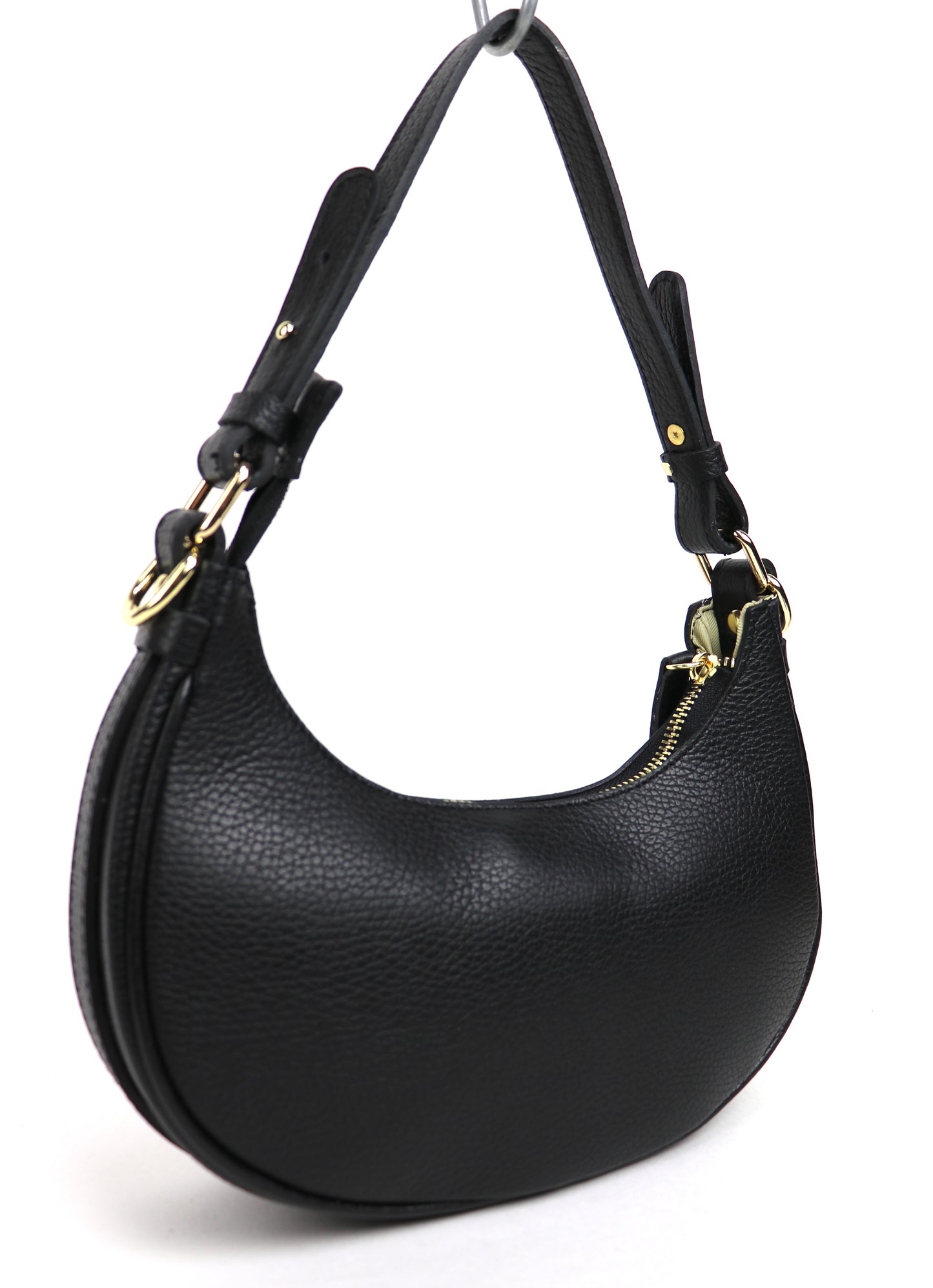 Black small half moon shoulder/crossbody bag, angled side view, featuring pebbled leather texture, gold-tone hardware, and adjustable strap displayed against a white background.

