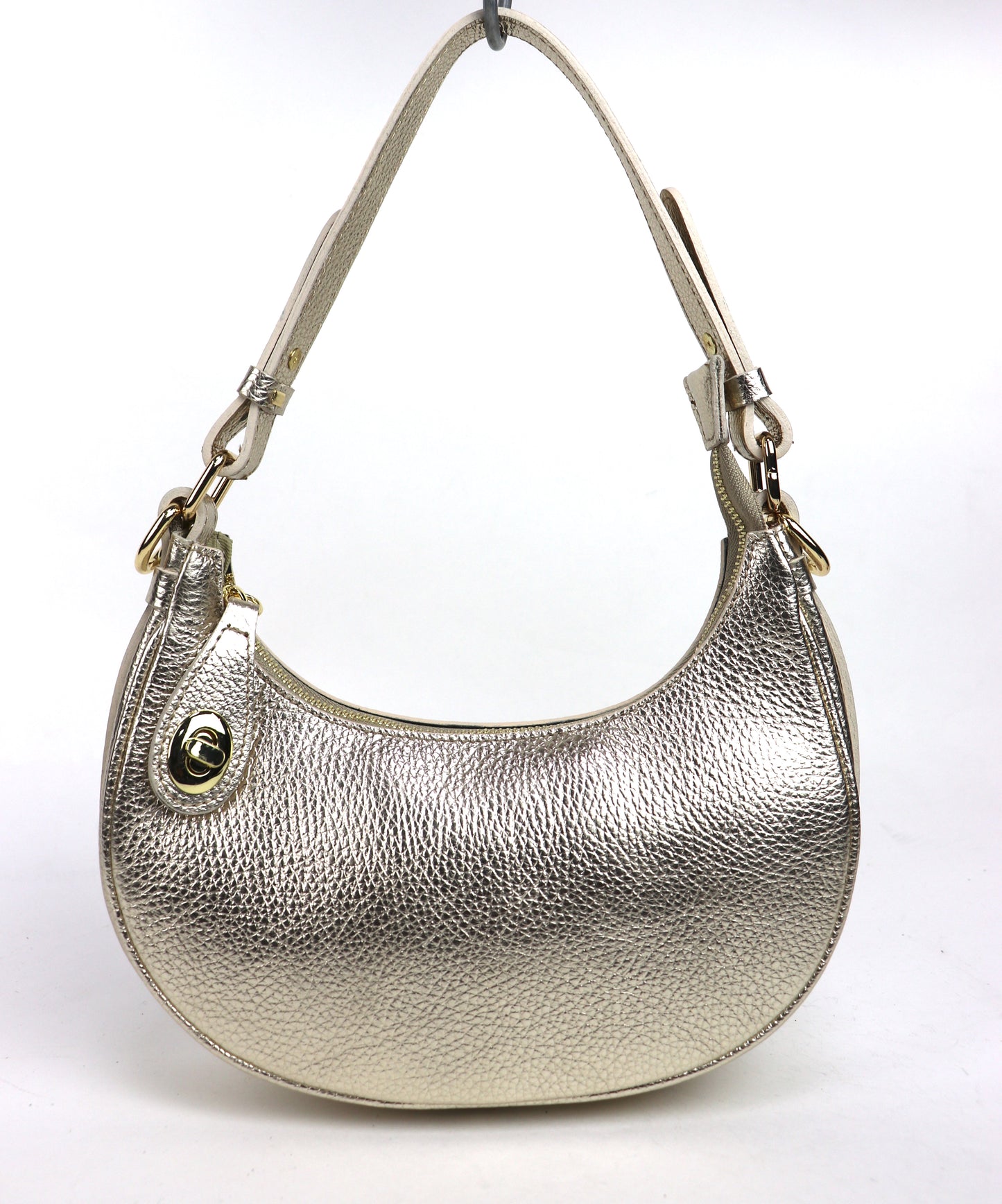 Gold half moon shoulder/crossbody bag, front view