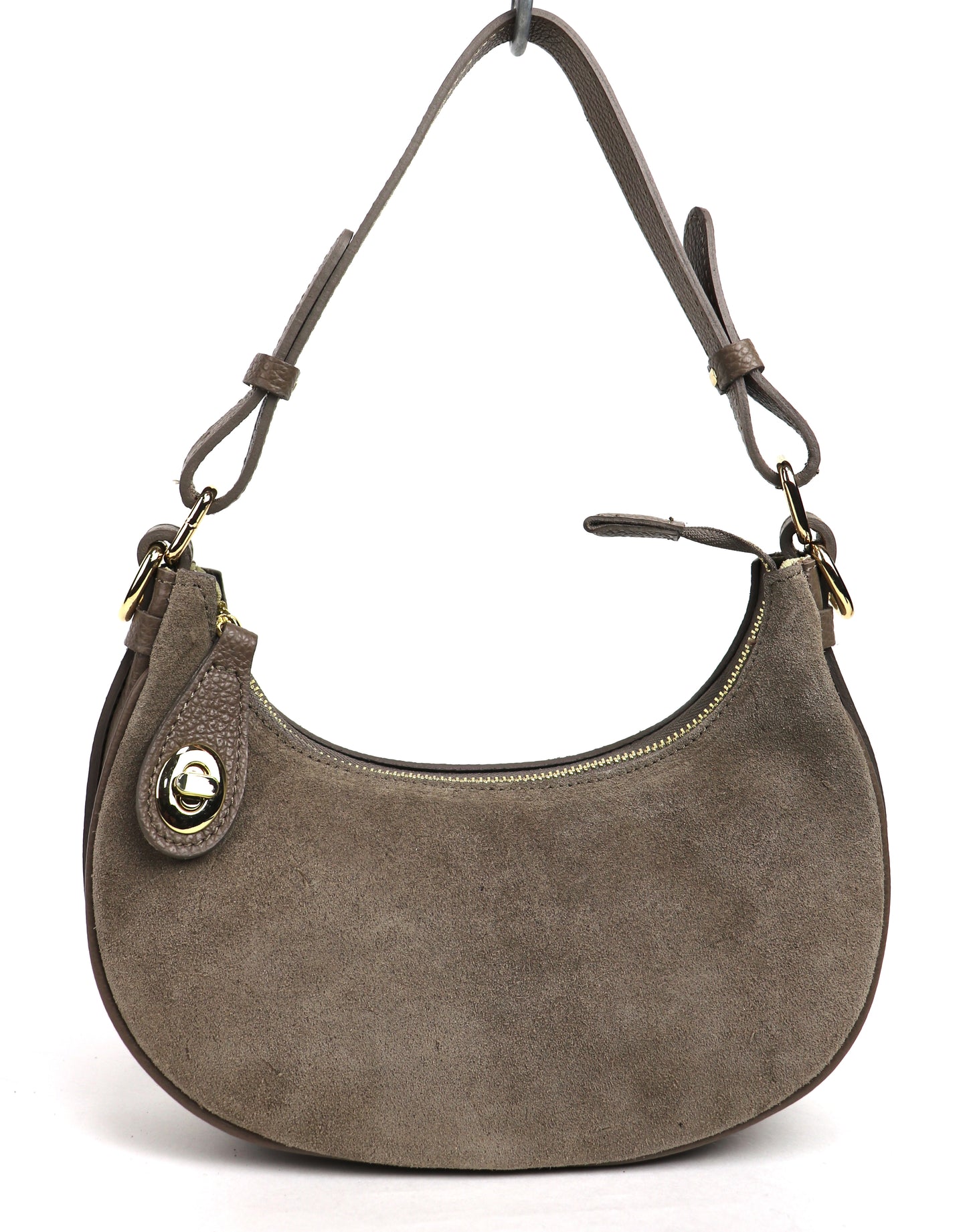 Taupe half moon shoulder/crossbody bag, front view