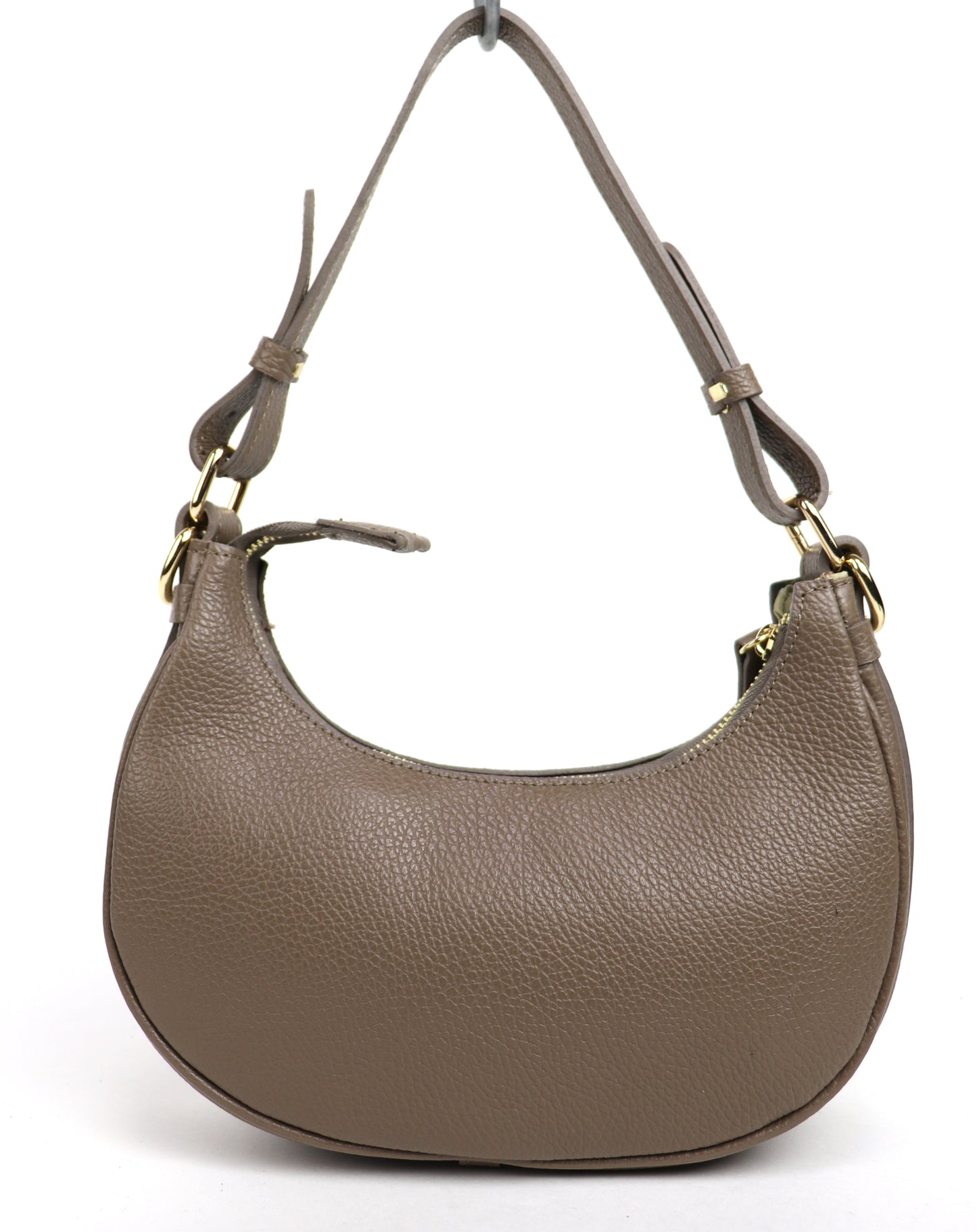 Taupe small half moon shoulder/crossbody bag, front view, featuring pebbled leather texture, gold-tone hardware, and adjustable strap displayed against a white background.

