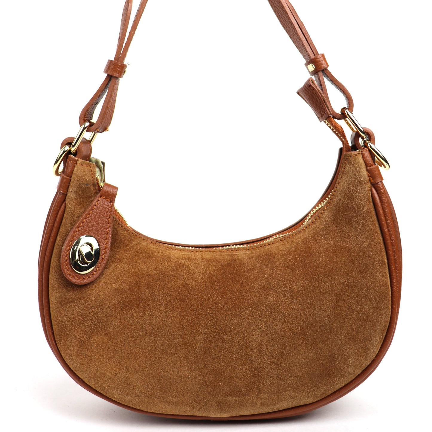 Tan small half moon shoulder/crossbody bag, front view, featuring suede texture, leather accents, gold-tone hardware, and adjustable strap displayed against a white background.

