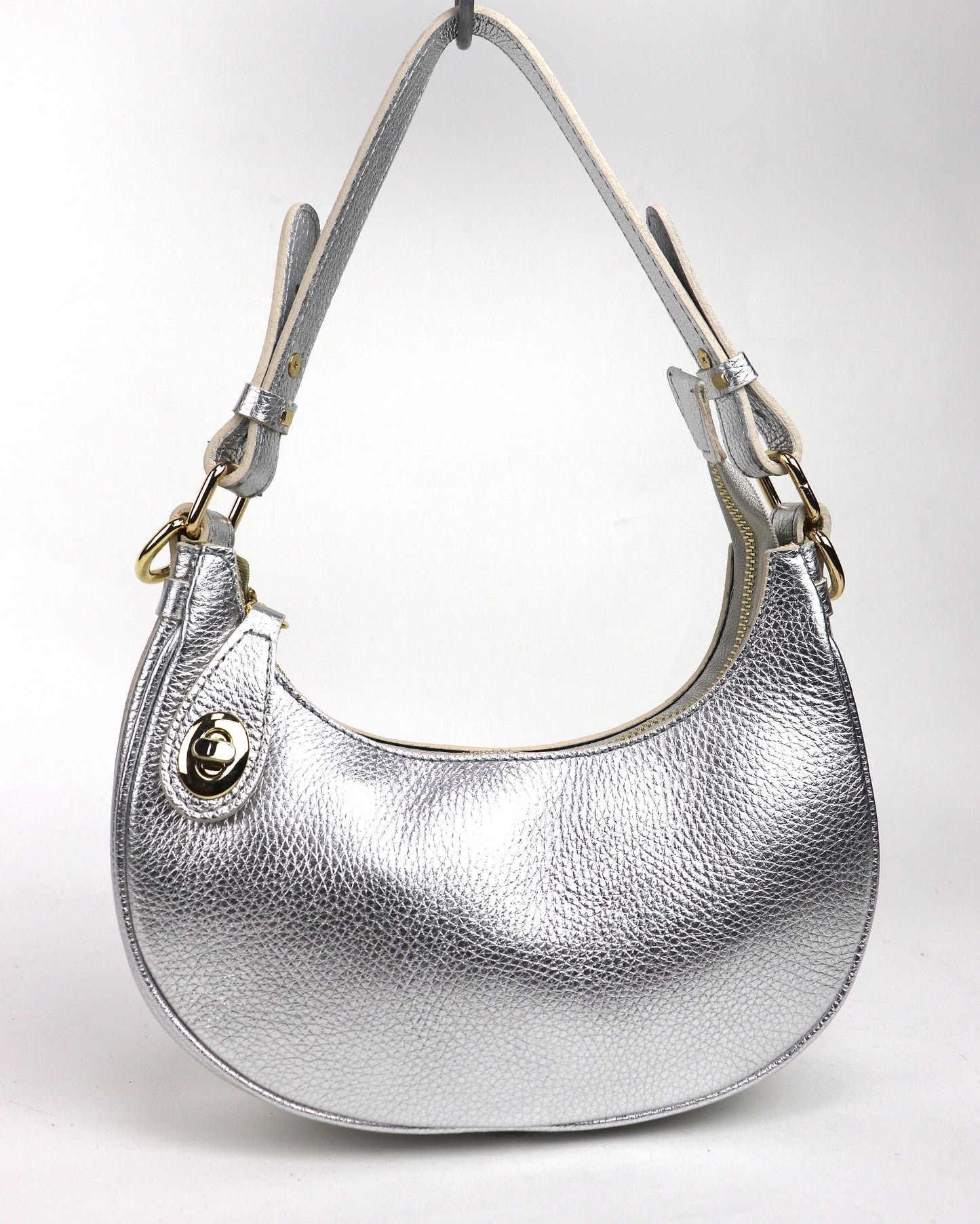 Silver half moon shoulder/crossbody bag, front view