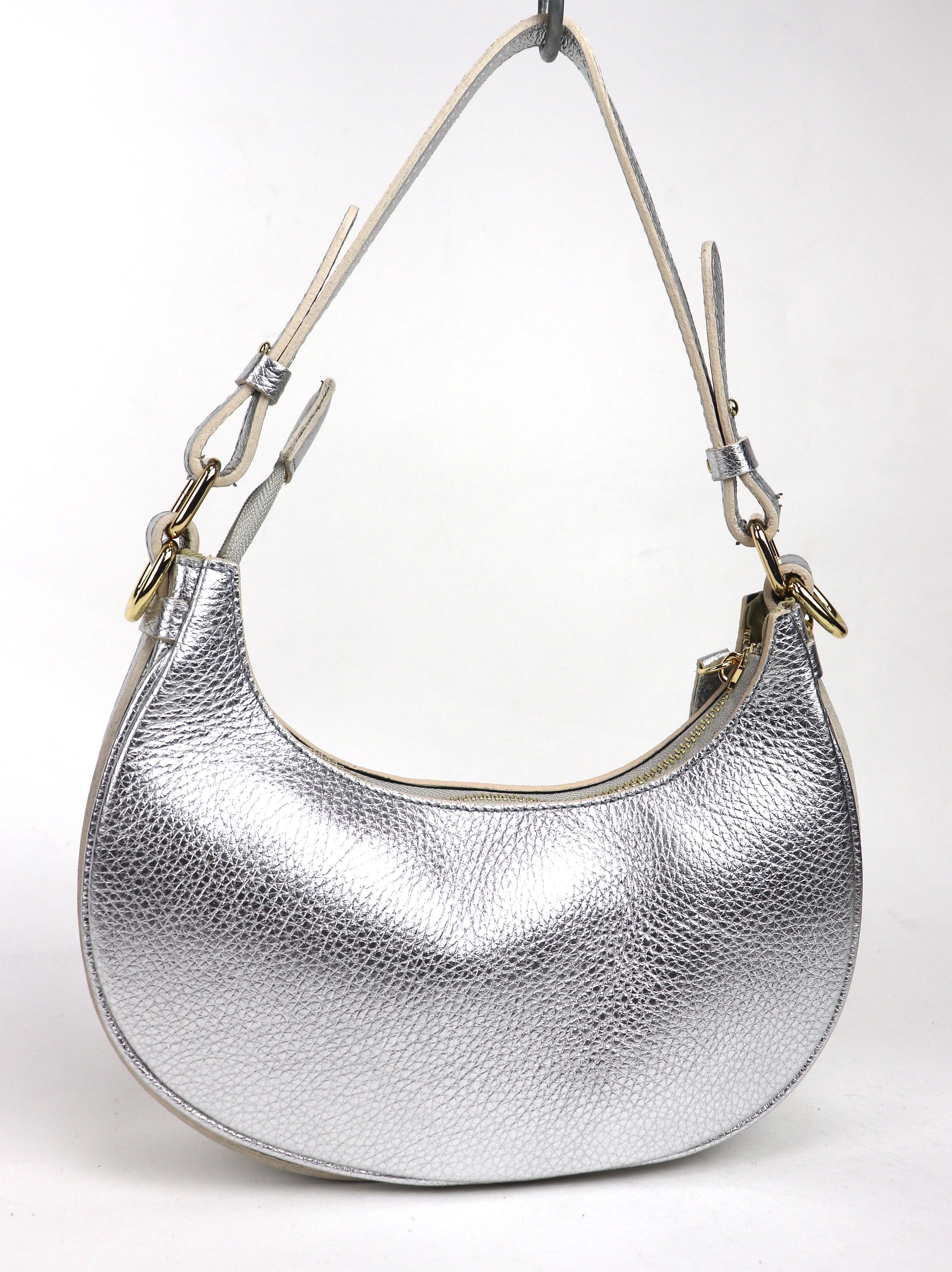 Silver half moon shoulder/crossbody bag, back view