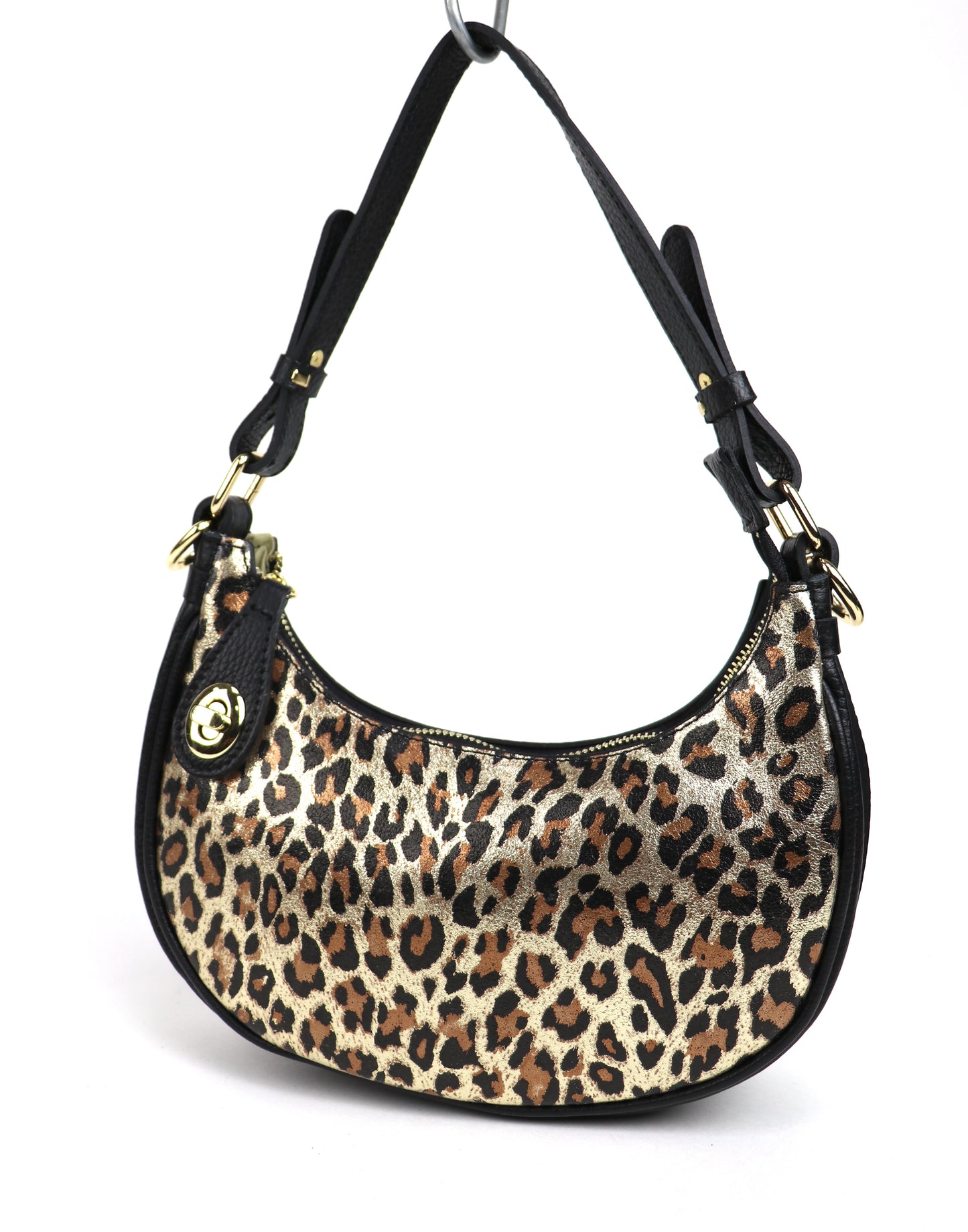 Gold Leopard small half moon shoulder/crossbody bag, front view, featuring a bold leopard print, black leather accents, gold-tone hardware, and adjustable strap displayed against a white background.

