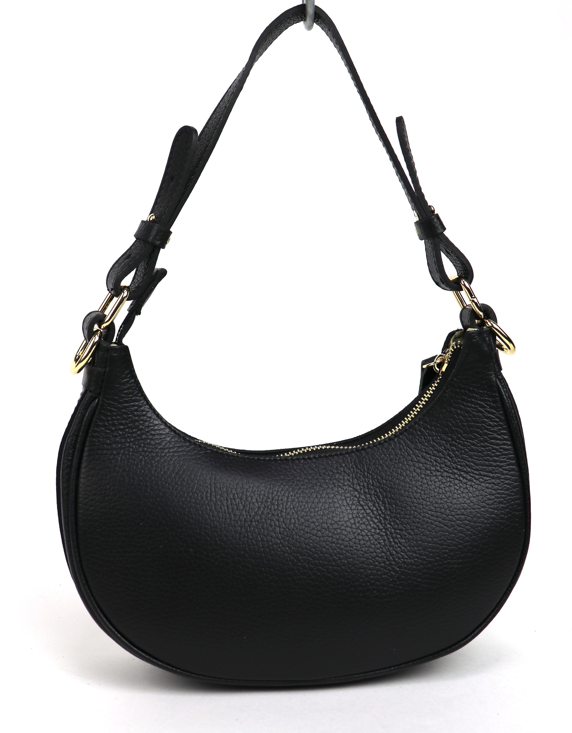 Black half moon shoulder/crossbody bag, back view.
