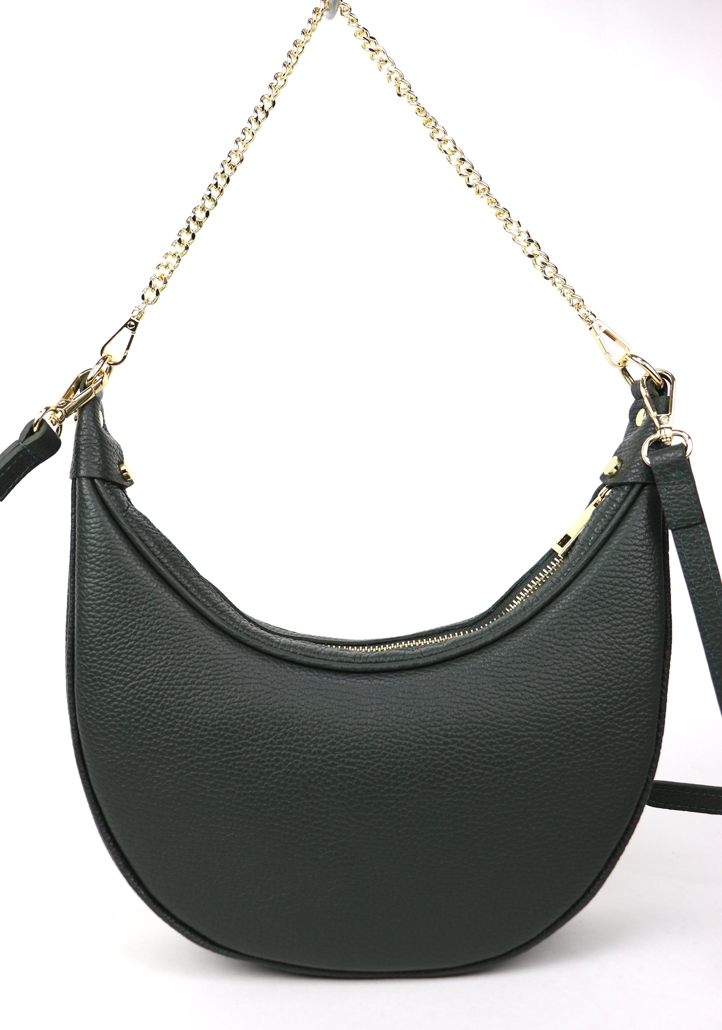 A dark green leather crossbody bag with a gold chain strap, photographed from the front on a white background.