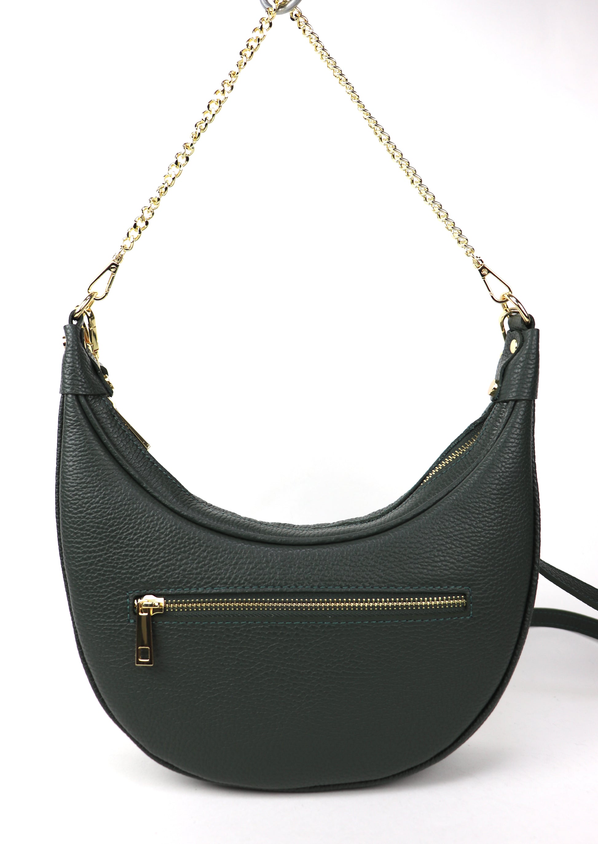 A dark green leather crossbody bag with a gold chain strap, photographed from the back on a white background.